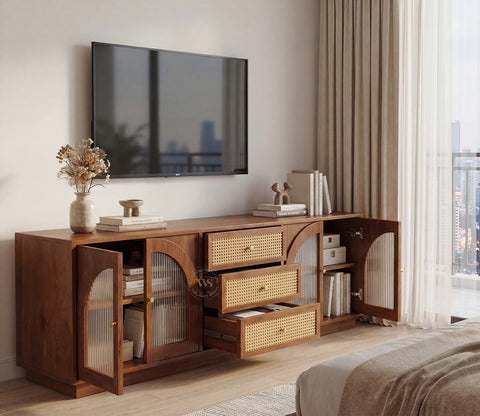 Windsor Premium Mango Wood TV Unit with Fluted Glass Panel Door Cabinets, Cane Detailing (Teak Finish)