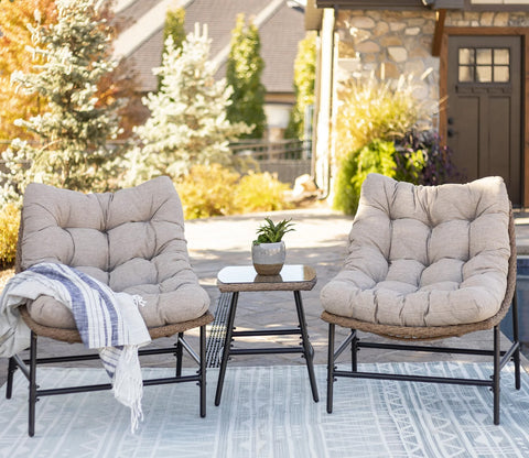 Beige Rattan And Wicker 2 Chair Set With Cream Cushion
