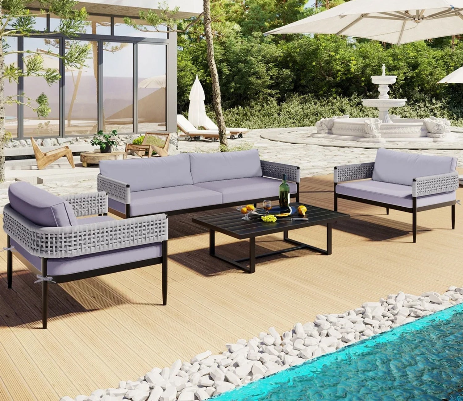 Grey Rope 4 Seater Sofa Set With Table And Grey Color Cushions
