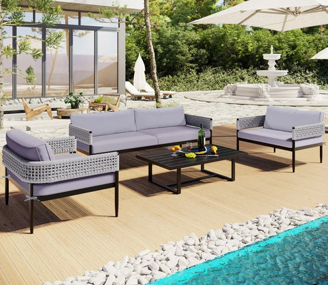 Grey Rope 4 Seater Sofa Set With Table And Grey Color Cushions