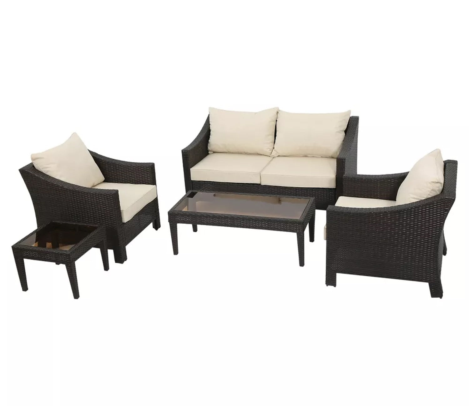 Dark Brown Rattan And Wicker 4 Seater Patio Set With Table And Cream Cushions