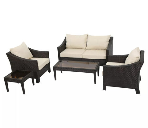 Dark Brown Rattan And Wicker 4 Seater Patio Set With Table And Cream Cushions