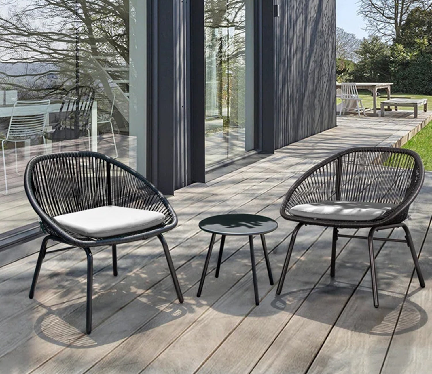 Black Rope 2 Seater Chair With Table And Grey Cushions Patio Set