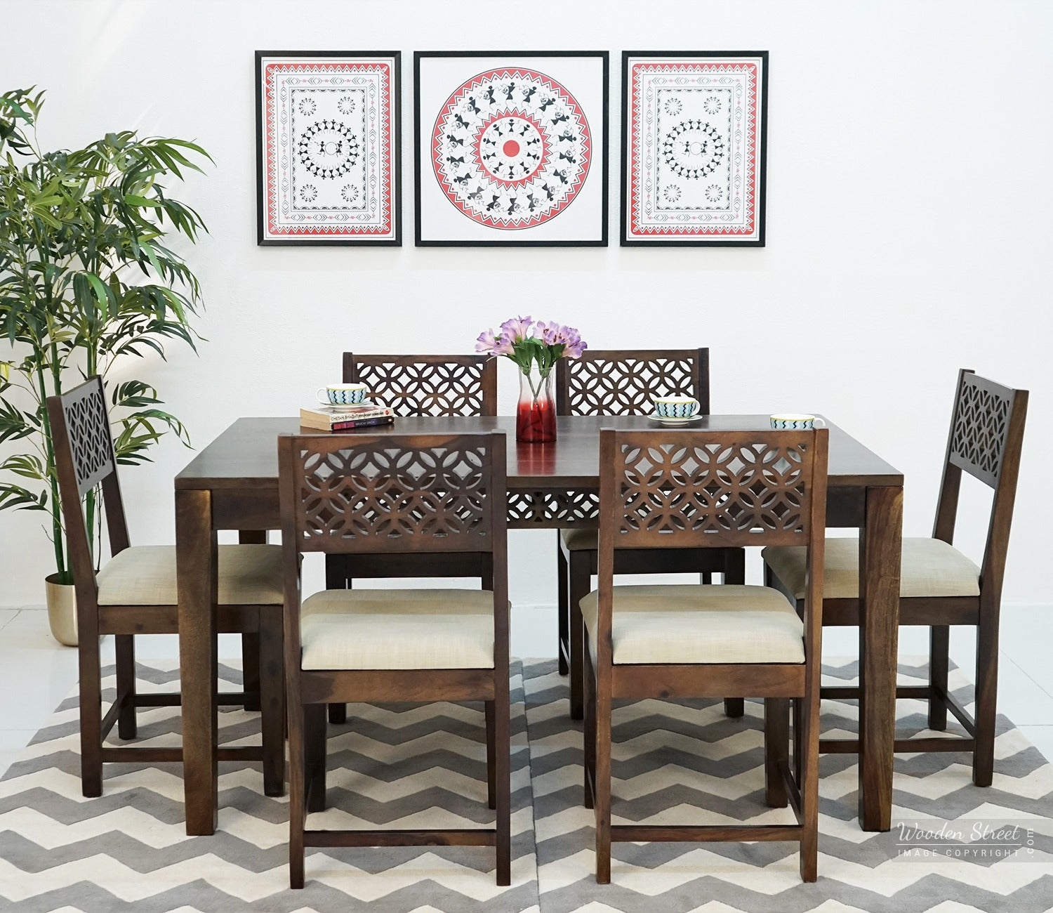 Cambrey 6 Seater Dining Set with Cushioned Chair (Walnut Finish)