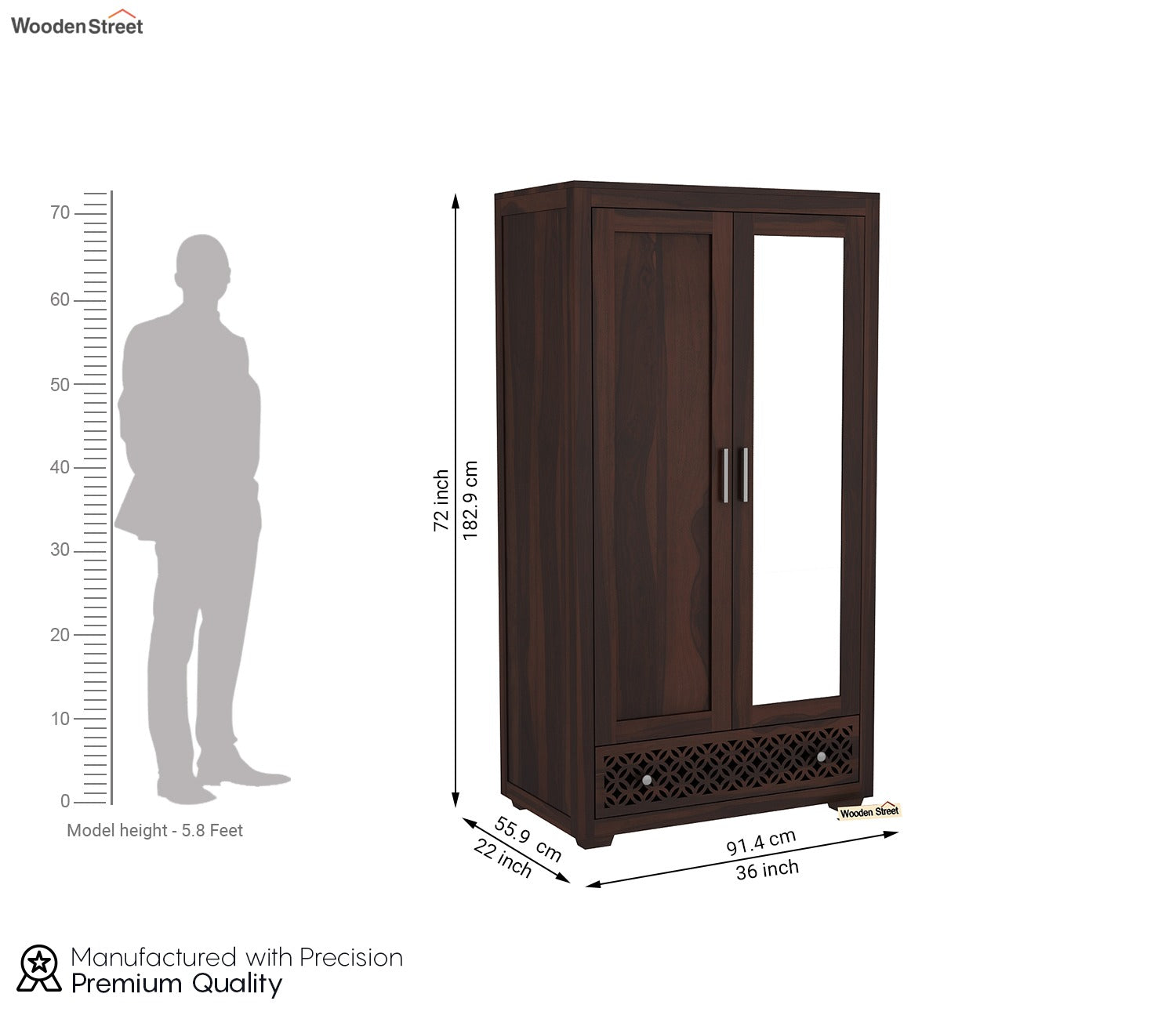 Cambrey Sheesham Wood 2 Door Wardrobe with Mirror (Walnut Finish)