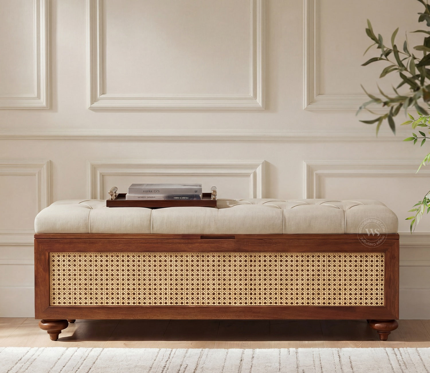 Rini Mango Wood Upholstered Bench with Cane Accent and Storage (Teak Finish, Cottage Ivory)