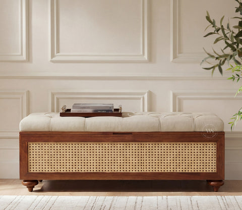 Rini Mango Wood Upholstered Bench with Cane Accent and Storage (Teak Finish, Cottage Ivory)