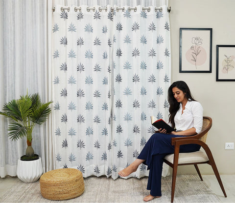 Crown Leaf Sheer Door Curtains Set of 2 (Blue, 7 Feet)