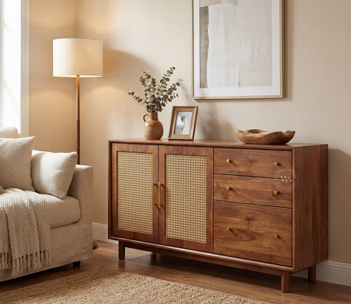 Tanay Mango Wood Sideboard with Cane Accents (Teak Finish)