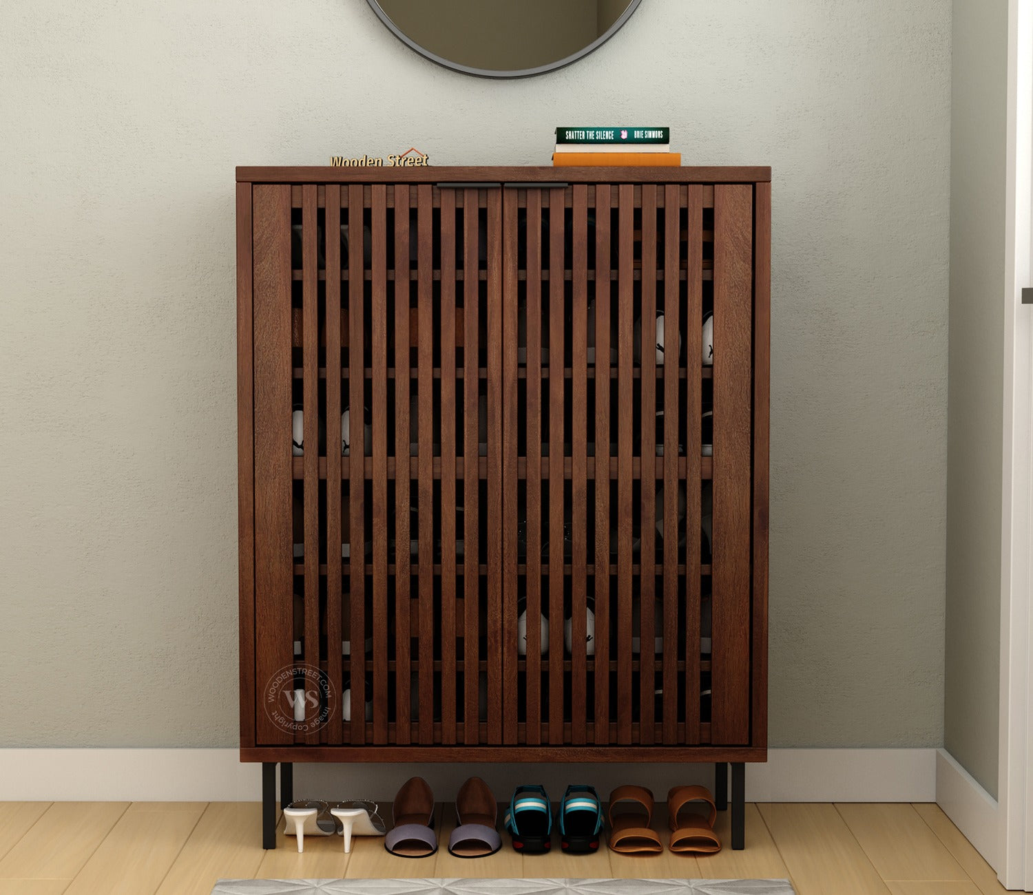 Oxfora Premium Solid Wood Shoe Cabinet With Slatted Doors (Mango Wood, Teak Finish)