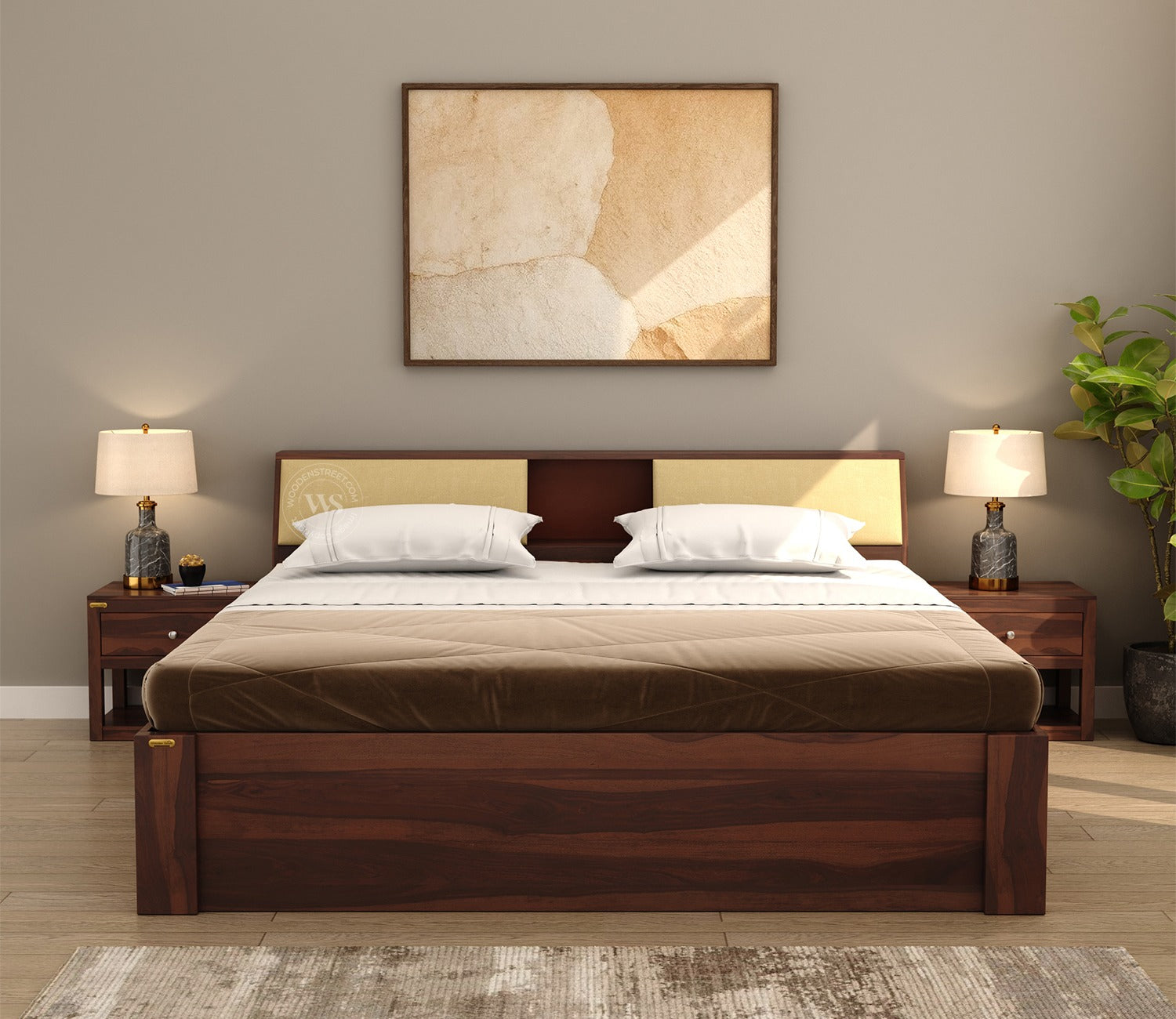 Walken Sheesham Wood Bed with Full Drawer Storage (Queen Size, Walnut Finish)
