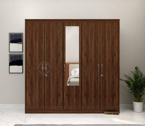Mahin Five Door Multi Utility Wardrobe with Mirror (Columbian Walnut Finish)