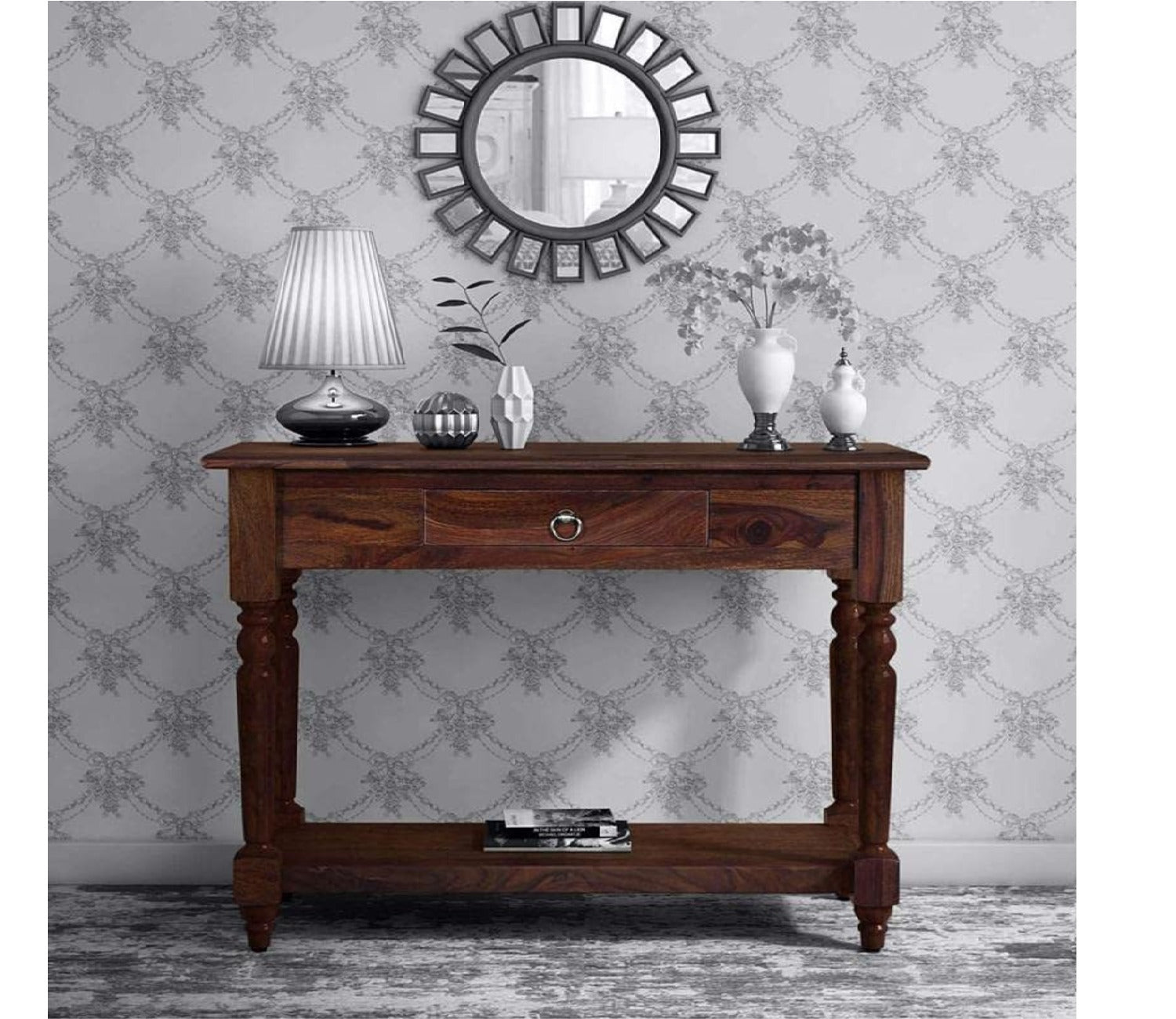 Wooden Carved Partition Leave Design Console Table