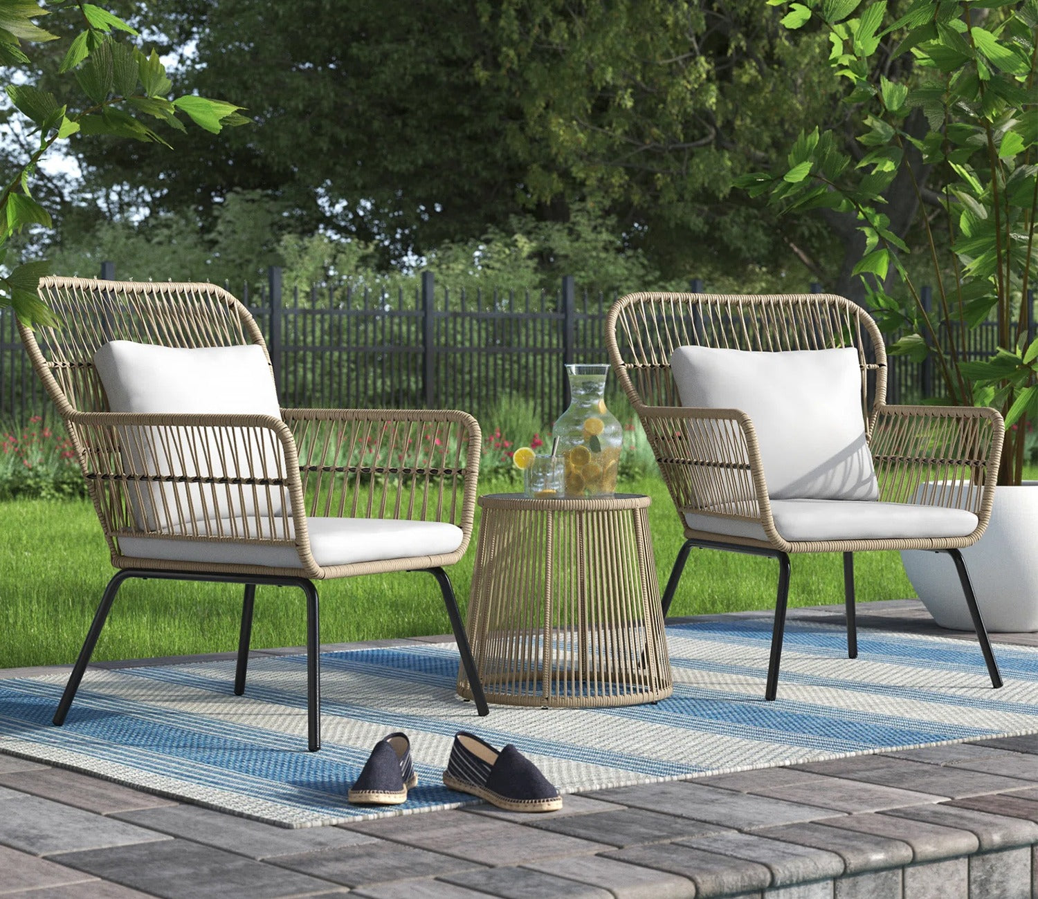 Beige Rope 2 Seater Table With Chair And off-White Cushions Balcony Set