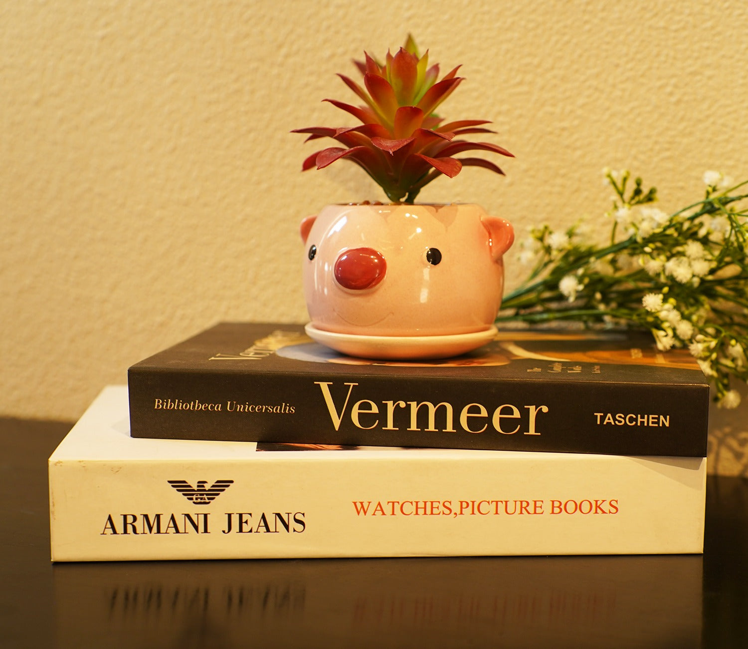 Whimsy Ceramic Enamel Pot With Artificial Flowers (Purple)