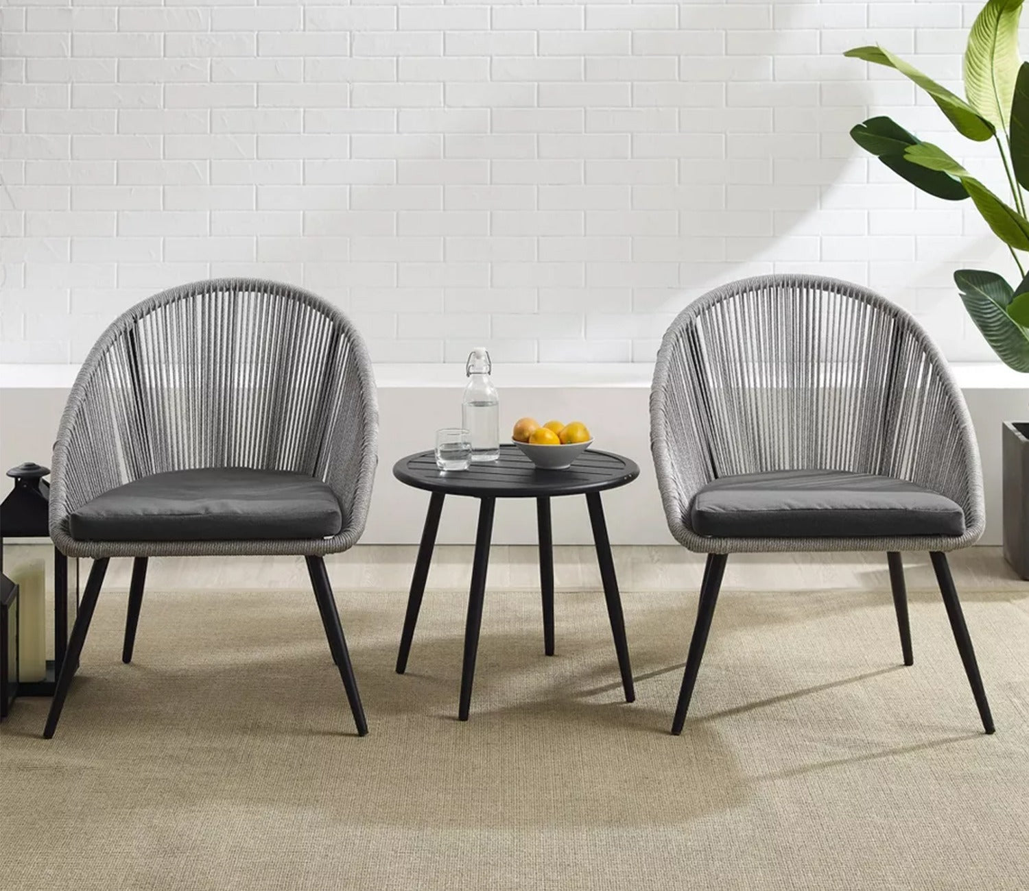 Grey Rope 2 Seater Chair Set With Round Table And Dark Grey Cushions