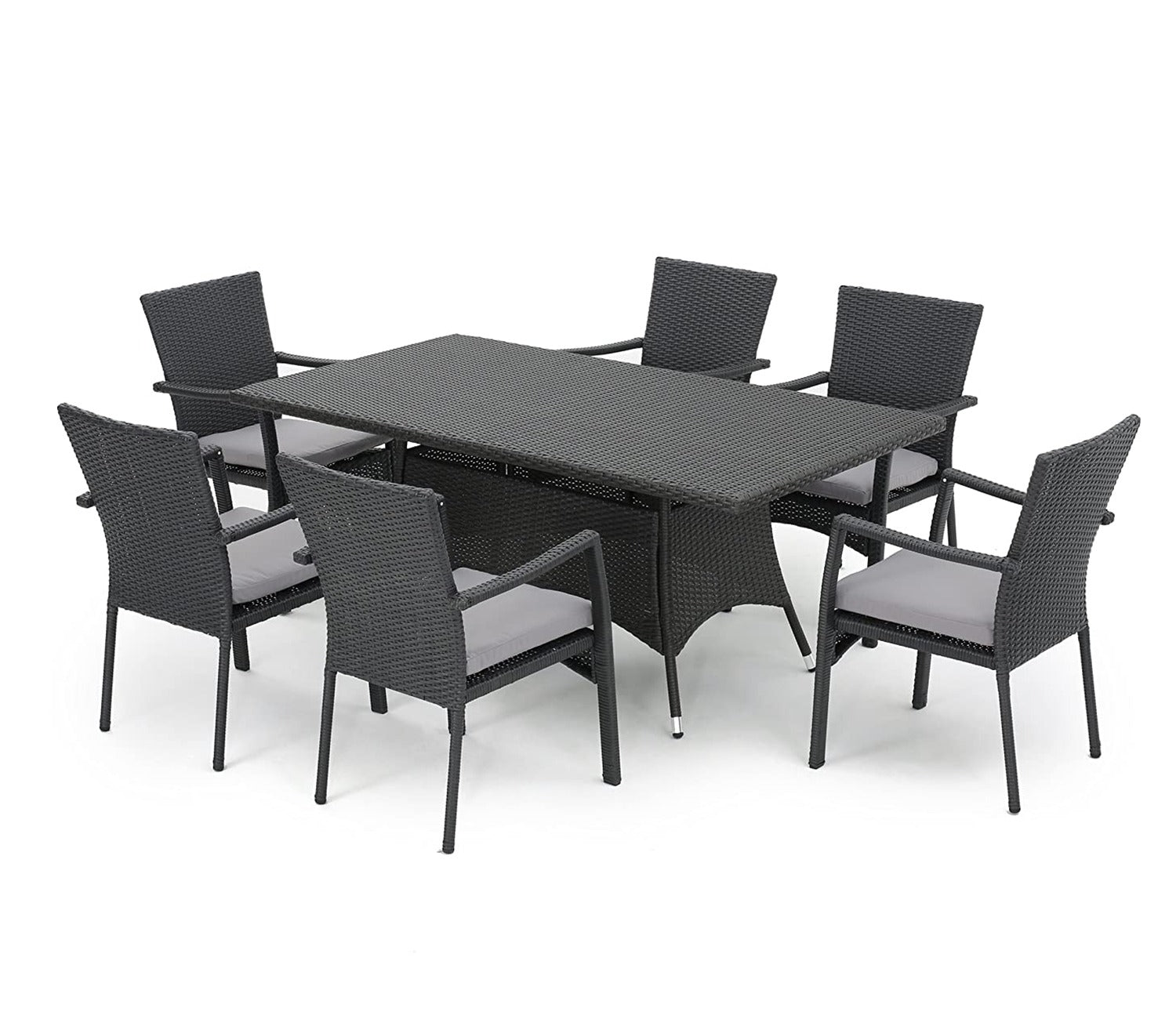 Black Rattan And Wicker Dinning Set With Grey Cushions