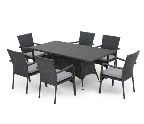 Black Rattan And Wicker Dinning Set With Grey Cushions