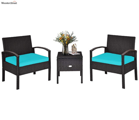 Black Rattan And Wicker 2 Seater Set With Table And Sky Blue Cushions