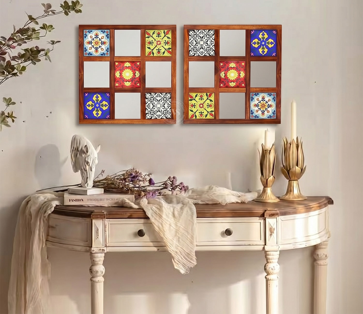Bohemian Set of 2 Mirror with Frame (Honey Finish)