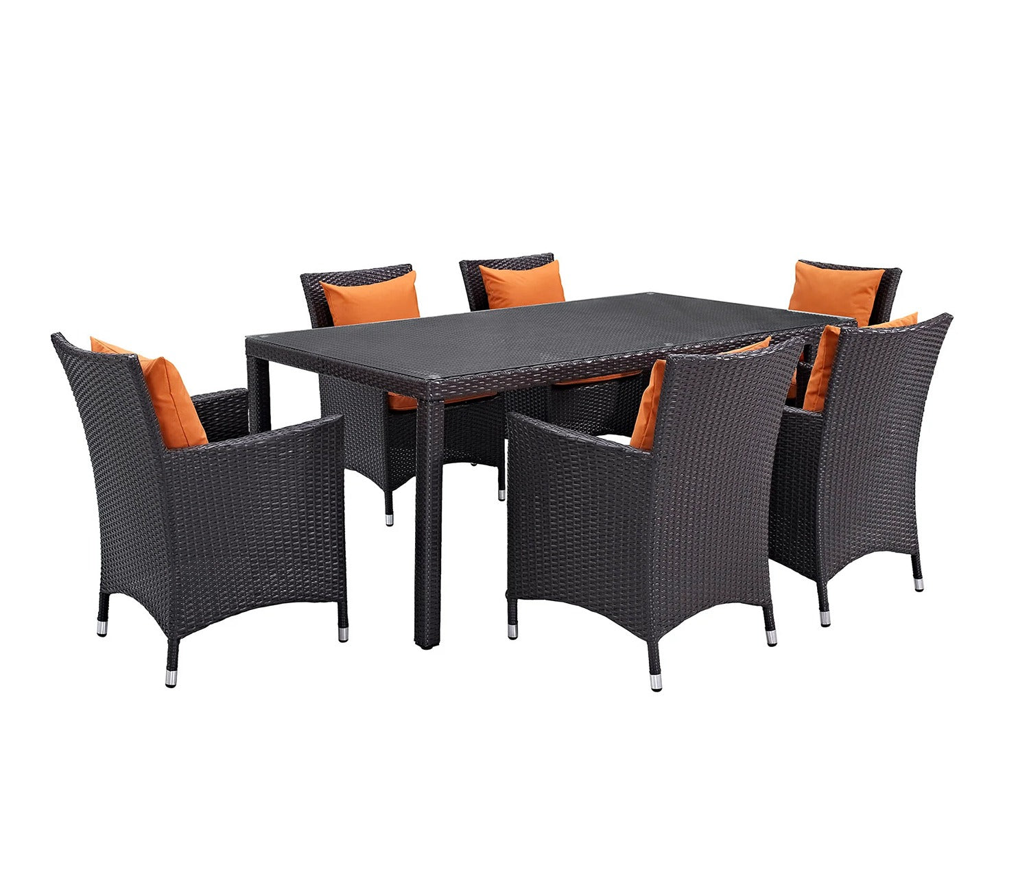 Black Rattan And Wicker Dinning Set With Orange Cushions