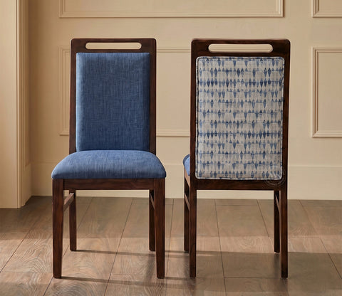 Hazel Sheesham Wood Premium Cotton Cushioned Dining Chair - Set of 2 (Cotton, Walnut Iris Blue)