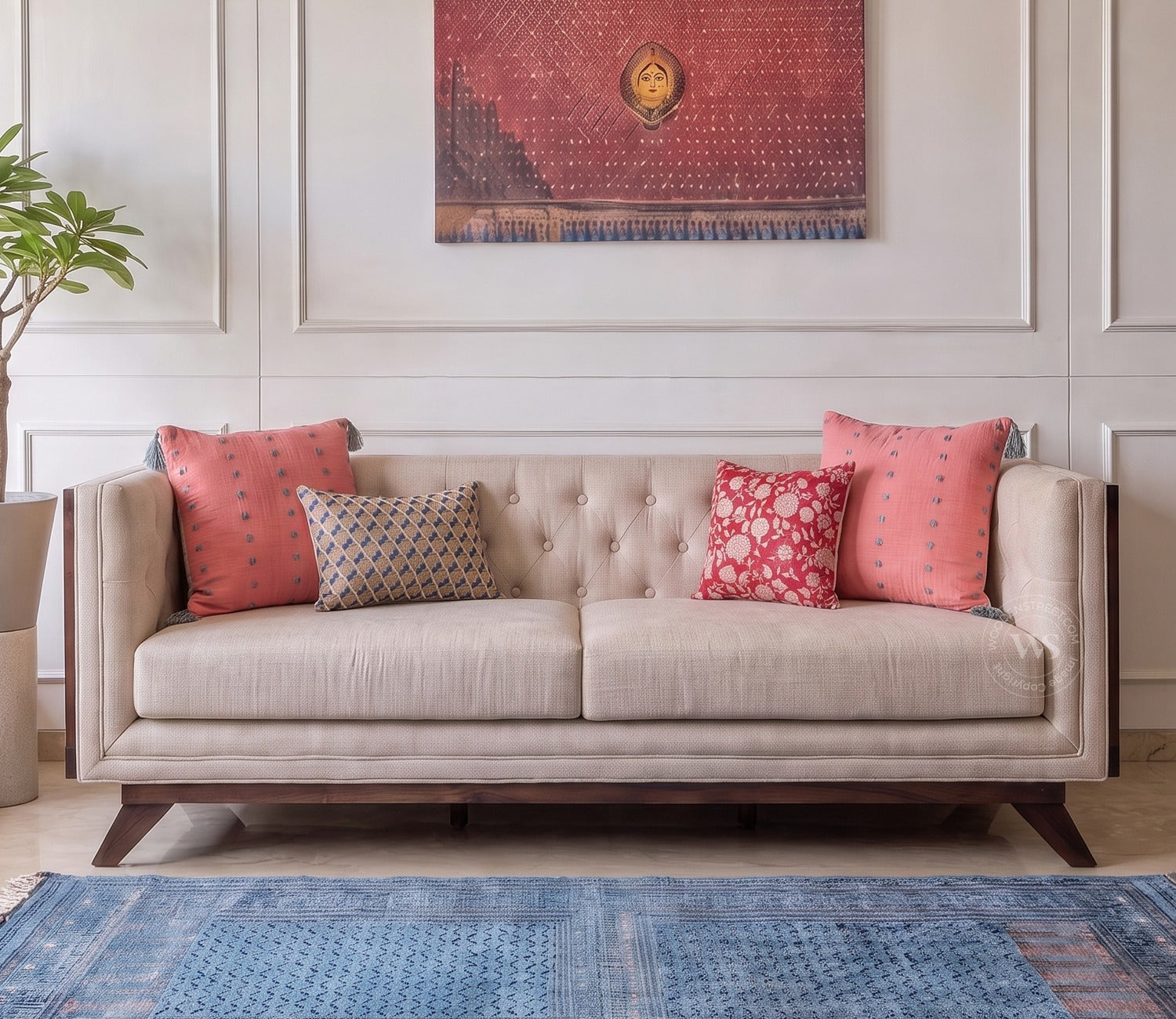 Samvaad 3 Seater Sofa with Cane Accents (Cotton, Jade Ivory)