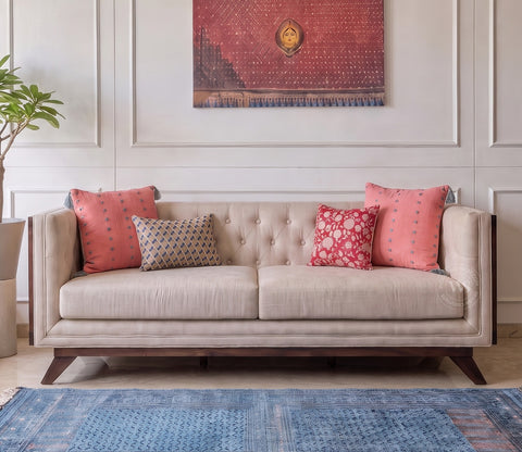 Samvaad 3 Seater Sofa with Cane Accents (Cotton, Jade Ivory)