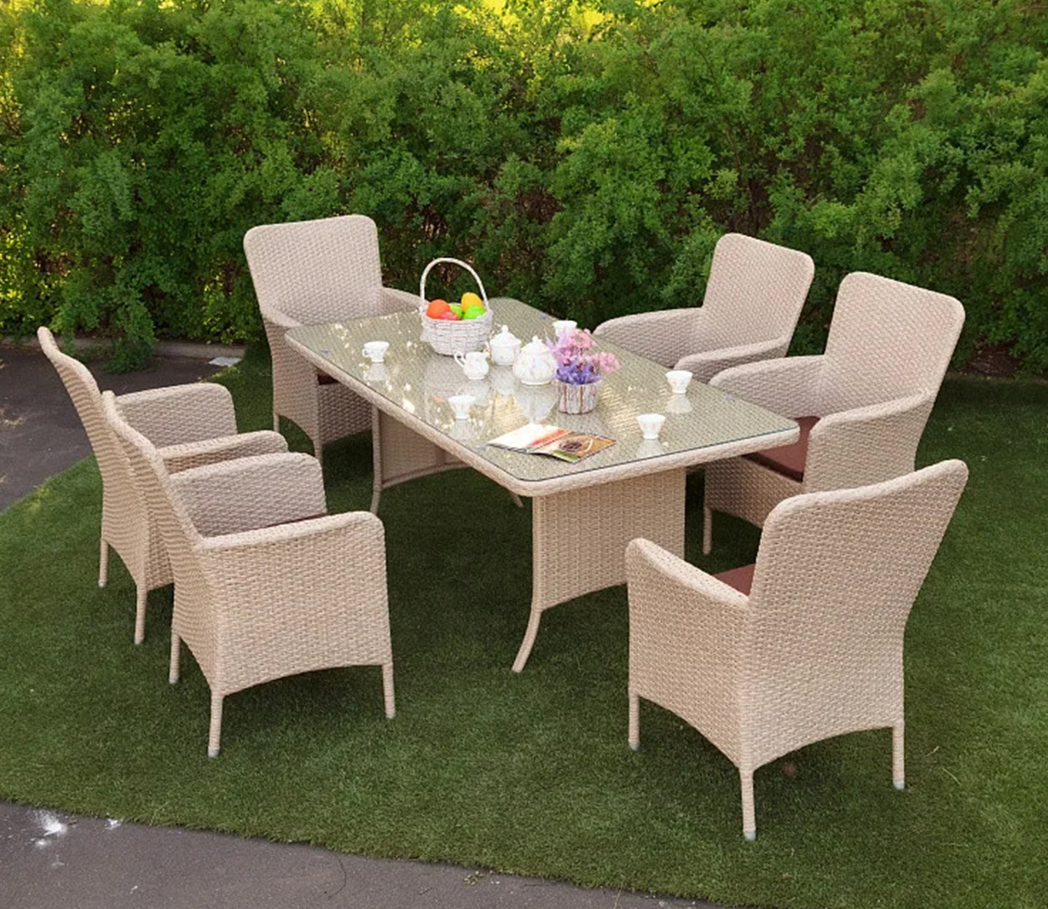 Beige Rattan And Wicker Dinning Set With Dark Brown Cushions