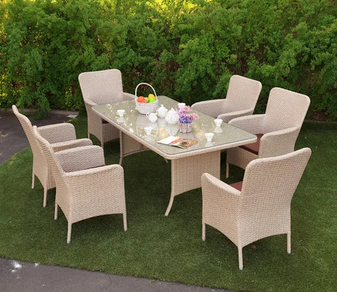 Beige Rattan And Wicker Dinning Set With Dark Brown Cushions