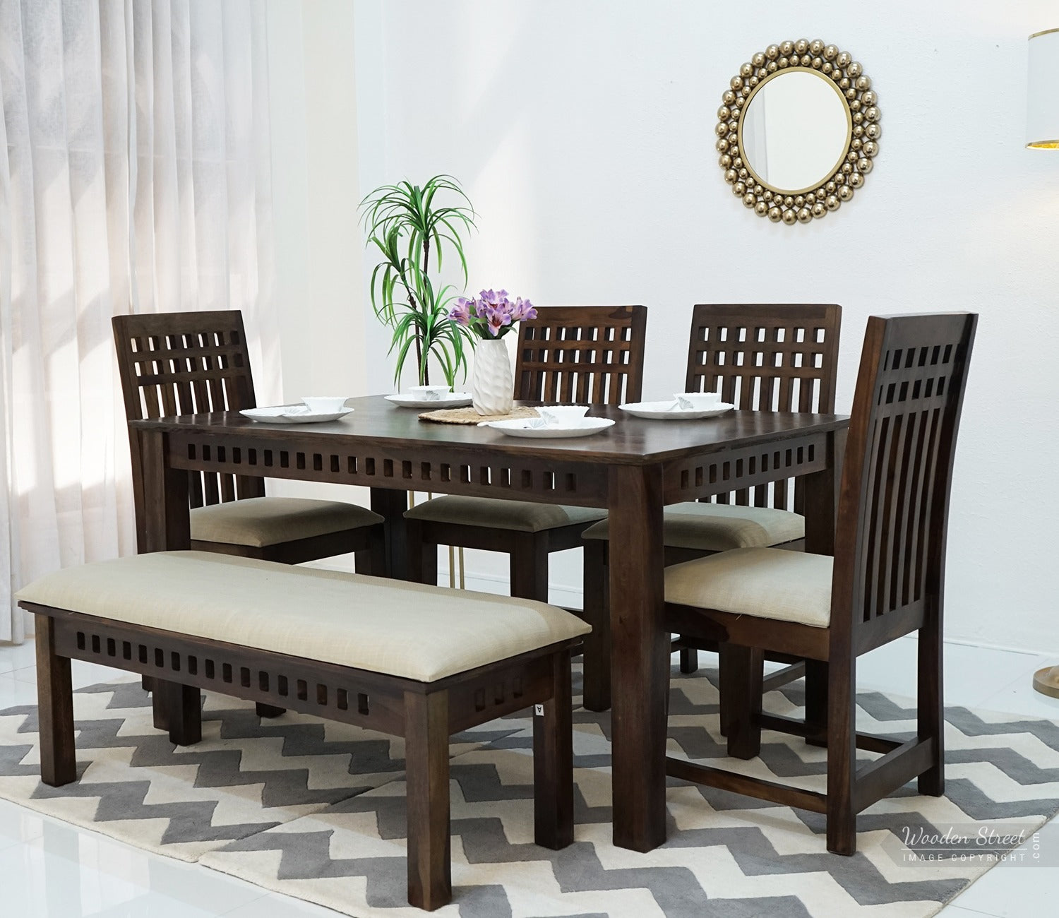 Adolph Dining Table 6 Seater Set With Bench (Walnut Finish)