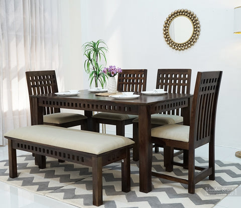 Adolph Dining Table 6 Seater Set With Bench (Walnut Finish)