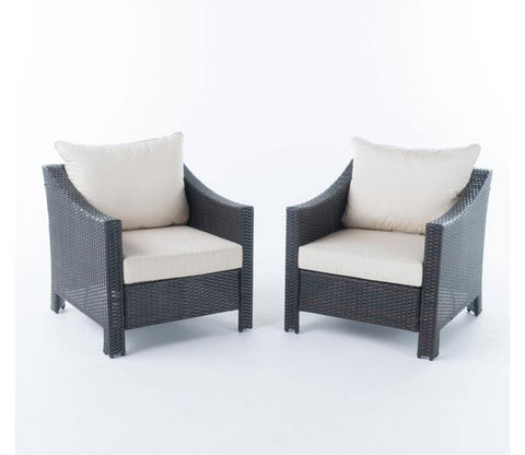 Dark Brown Rattan And Wicker Patio Chair with Cream Cushions (Set Of 2)
