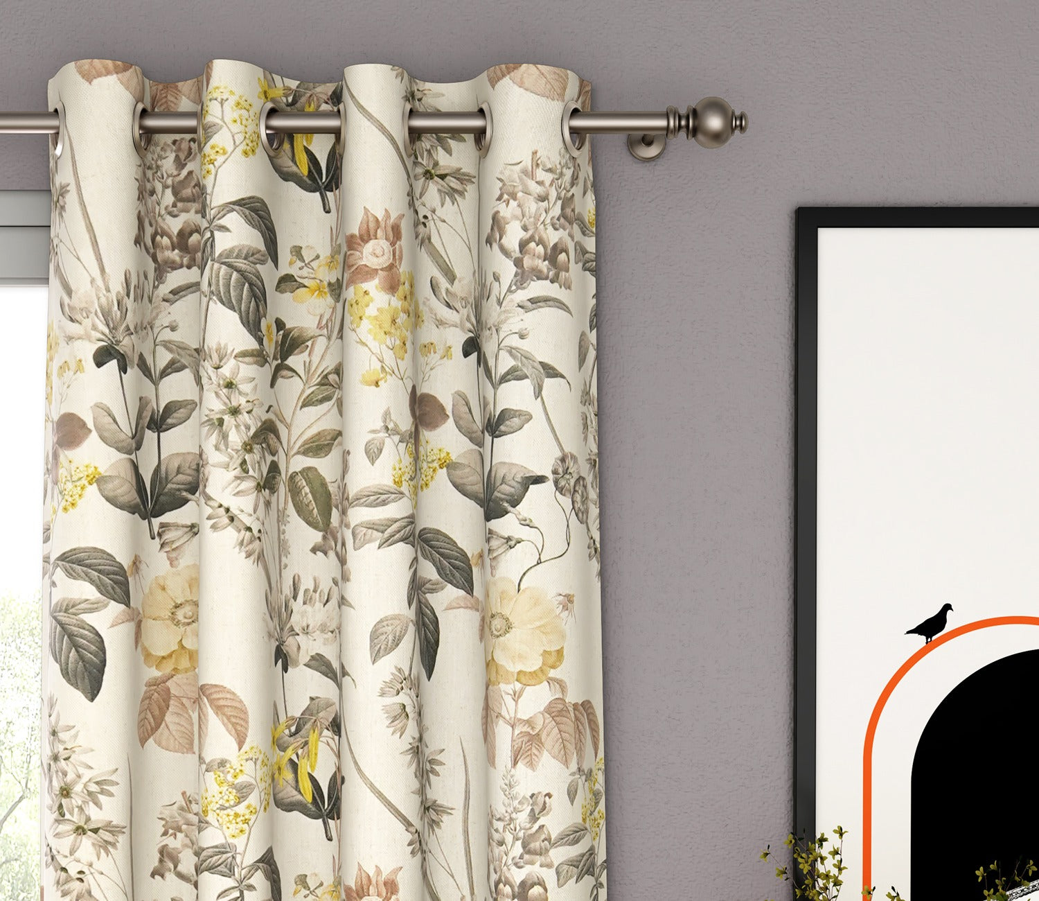 Leafy Floral Print 1 Piece Light-Filtering Curtain (Grey, 7 Feet)