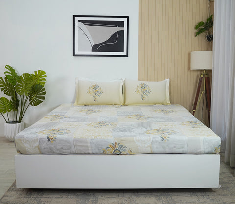 Grid Planters 300 TC Flat Pure Cotton King Size Bedsheet With 2 Pillow Covers (Grey)