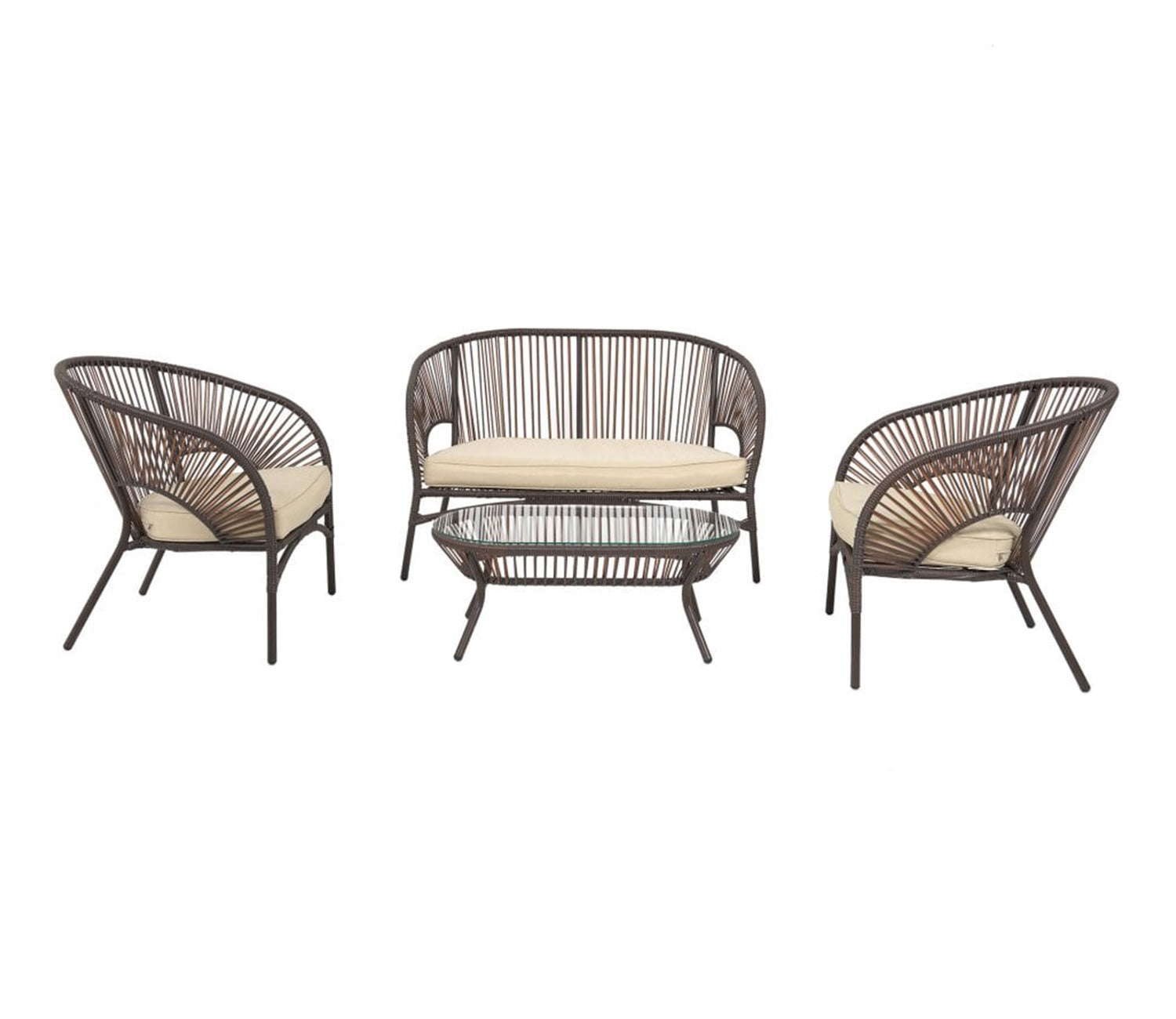 Dark Brown Rope 4 Seater Sofa Set With Table And Cream Cushions