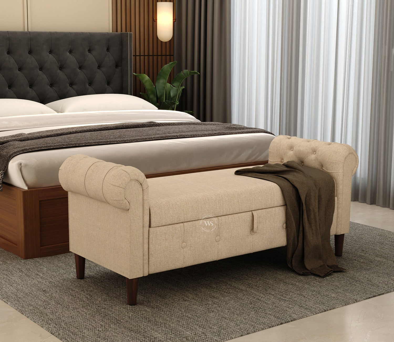Velo Cushioned Hand Carved Sofa Bench With Hidden Storage (Jade Ivory)