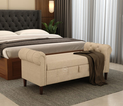 Velo Cushioned Hand Carved Sofa Bench With Hidden Storage (Jade Ivory)