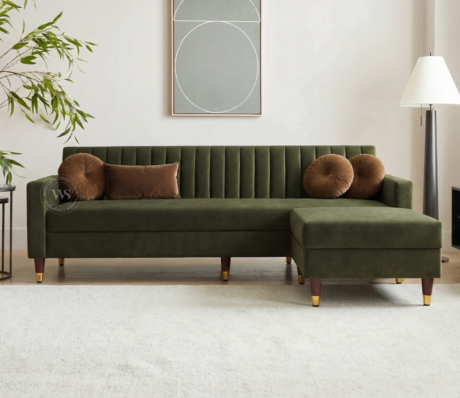 Everett L-Shape Corner Fabric Sofa (Velvet, Dark Olive Green)