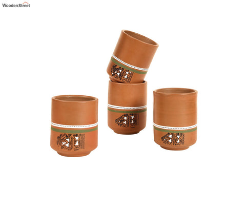 Knosh-C Hand Painted Earthen Mugs with Tribal Motifs (Set of 4)