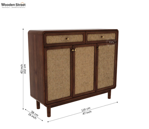 Dashlet Premium Solid Wood Shoe Cabinet With Cane Detailing (Mango Wood, Teak Finish)