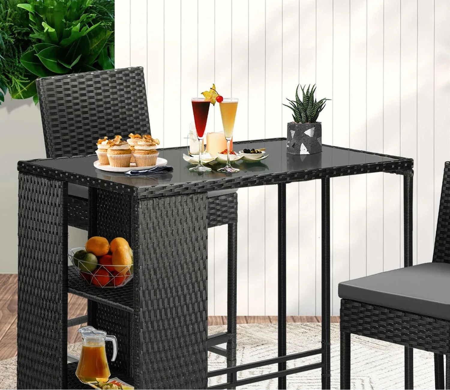 Black Rattan And Wicker 2 Seater Bar Set With Table And Grey Cushions
