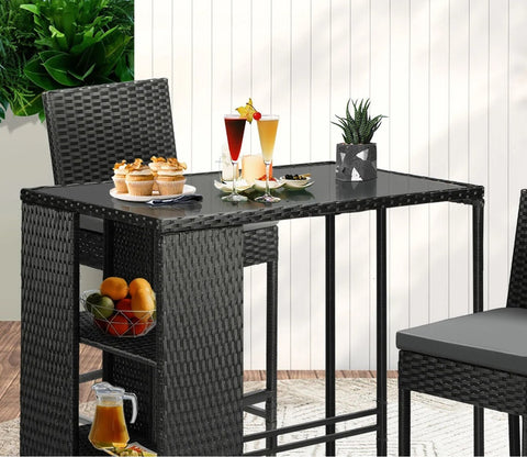 Black Rattan And Wicker 2 Seater Bar Set With Table And Grey Cushions