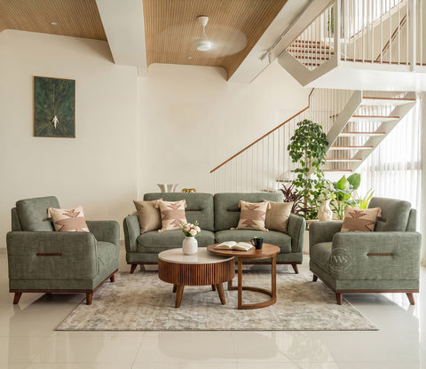 Alvaro 3+1+1 Seater Fabric Sofa with Wooden Accents (Cotton, Sage Green)