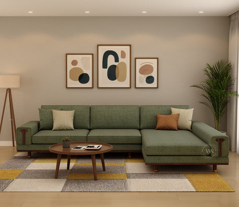 Nivas L-Shaped Sofa with Wooden Accents (Sage Green)