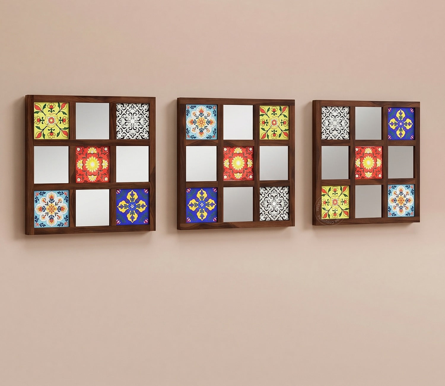 Bohemian Set of 3 Mirror with Frame (Walnut Finish)