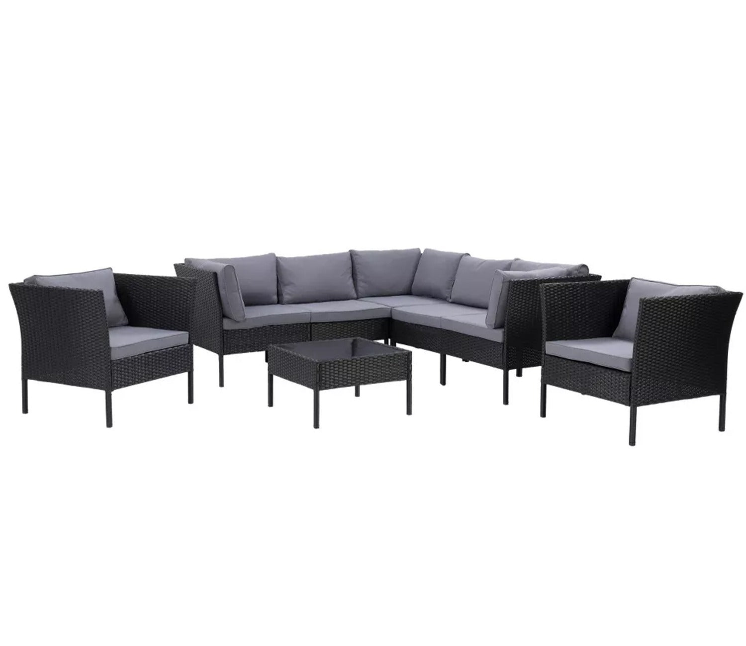 Black Rattan And Wicker 7 Seater Patio Set With Table And Grey Cushions