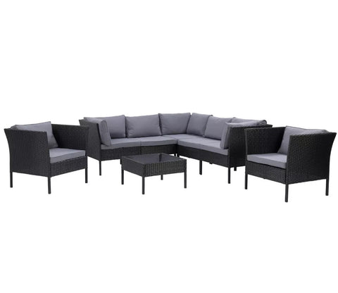 Black Rattan And Wicker 7 Seater Patio Set With Table And Grey Cushions