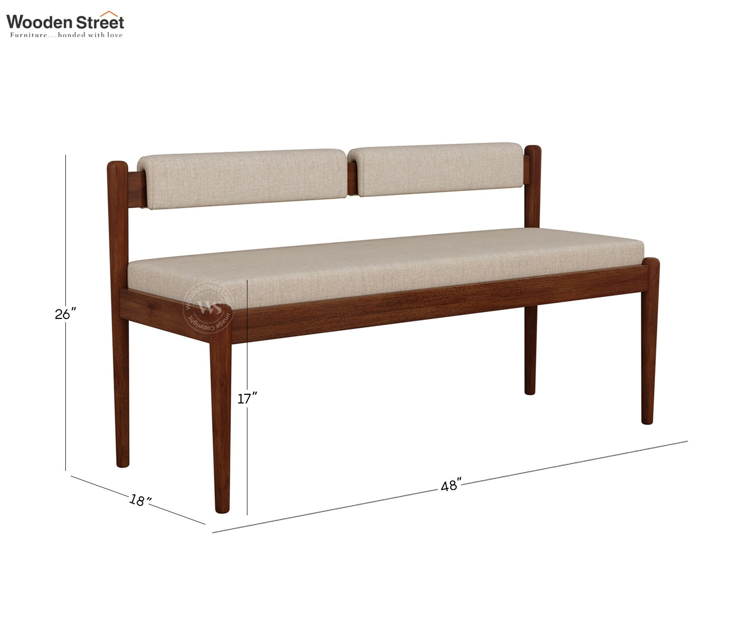Raavi Mango Wood Upholstered Bench with Backrest (Teak Finish, Jade Ivory)