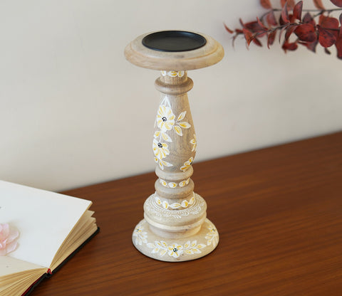 Adiva Floral Hand Painted Wooden Small Pillar Candle Stand